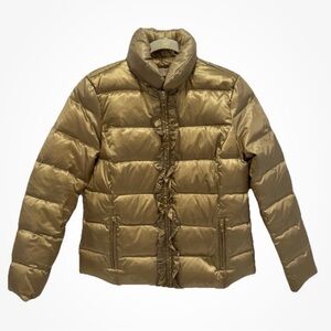 Talbots Gold Down Puffer Jacket Quilted Ruffle Front Zip Size M